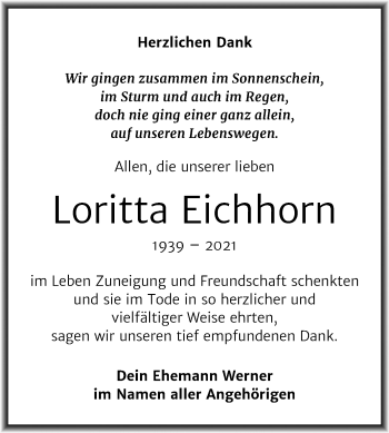 Traueranzeige von Loritta Eichhorn von Super Sonntag Weißenfels