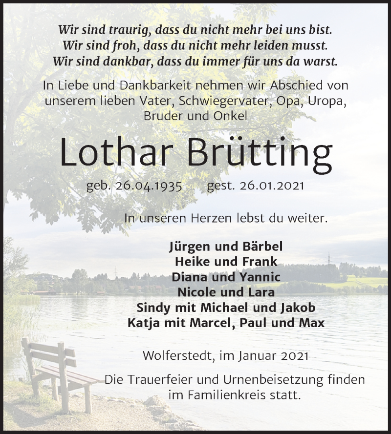  Traueranzeige für Lothar Brütting vom 06.02.2021 aus Super Sonntag Sangerhausen