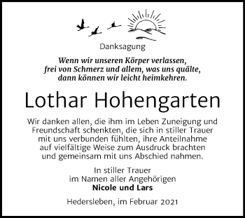 Traueranzeige von Lothar Hohengarten von Mitteldeutsche Zeitung Quedlinburg
