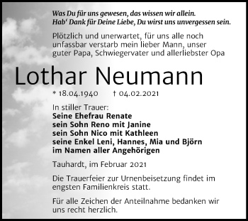 Traueranzeige von Lothar Neumann von Super Sonntag Naumburg/Nebra
