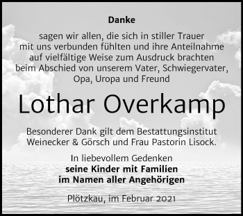 Traueranzeige von Lothar Overkamp von Super Sonntag Bernburg