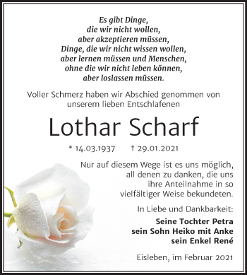 Traueranzeige von Lothar Scharf von Super Sonntag Mansfelder Land