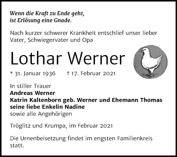 Traueranzeige von Lothar Werner von Super Sonntag Zeitz