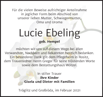 Traueranzeige von Lucie Ebeling von Mitteldeutsche Zeitung Zeitz