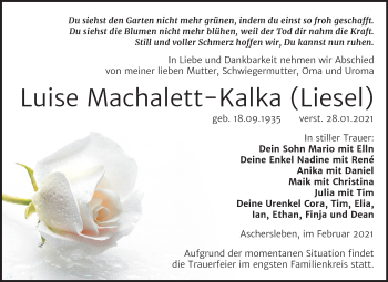 Traueranzeige von Luise Machalett-Kalka von Super Sonntag Aschersleben
