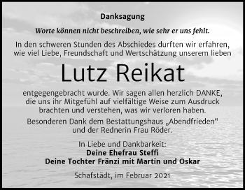 Traueranzeige von Lutz Reikat von Mitteldeutsche Zeitung Merseburg/Querfurt
