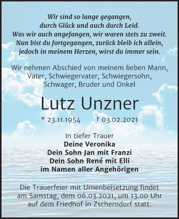 Traueranzeige von Lutz Unzner von Mitteldeutsche Zeitung Bitterfeld