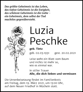 Traueranzeige von Luzia Peschke von Mitteldeutsche Zeitung Merseburg/Querfurt
