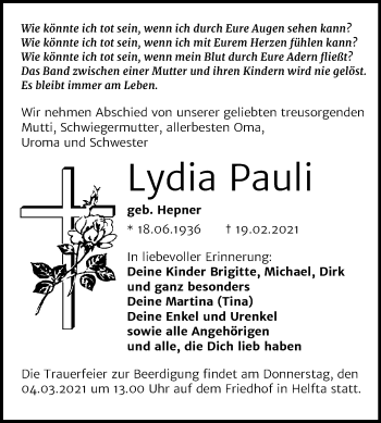 Traueranzeige von Lydia Pauli von Mitteldeutsche Zeitung Mansfelder Land