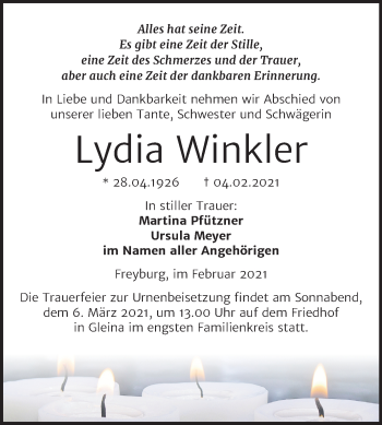 Traueranzeige von Lydia Winkler von Super Sonntag Naumburg/Nebra