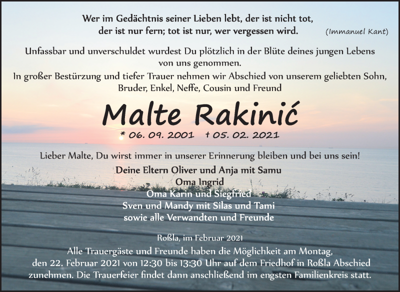  Traueranzeige für Malte Rakinic vom 20.02.2021 aus Mitteldeutsche Zeitung Sangerhausen