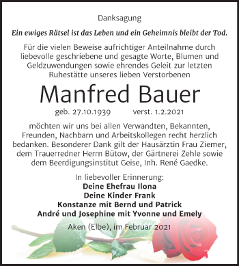 Traueranzeige von Manfred Bauer von Mitteldeutsche Zeitung Köthen