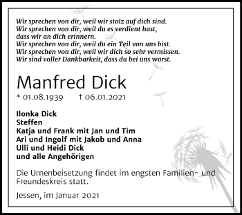 Traueranzeige von Manfred Dick von Mitteldeutsche Zeitung Wittenberg