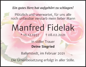 Traueranzeige von Manfred Fidelak von Mitteldeutsche Zeitung Quedlinburg