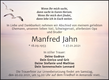Traueranzeige von Manfred Jahn von Super Sonntag Mansfelder Land