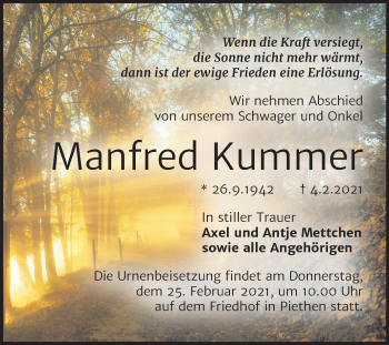 Traueranzeige von Manfred Kummer von Super Sonntag Köthen