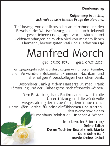 Traueranzeige von Manfred Morch von Super Sonntag Köthen