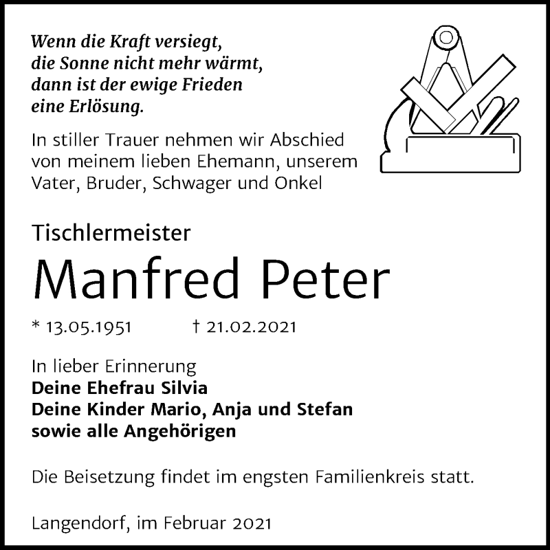  Traueranzeige für Manfred Peter vom 26.02.2021 aus Mitteldeutsche Zeitung Weißenfels