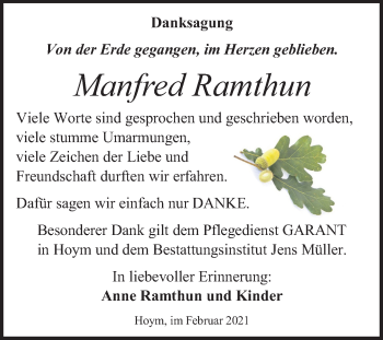 Traueranzeige von Manfred Ramthun von Super Sonntag Aschersleben