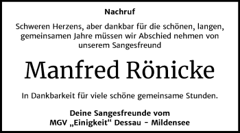 Traueranzeige von Manfred Rönicke von Super Sonntag Dessau-Roßlau