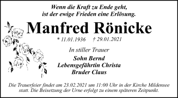 Traueranzeige von Manfred Rönicke von Super Sonntag Dessau-Roßlau