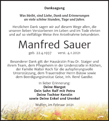 Traueranzeige von Manfred Sauer von Mitteldeutsche Zeitung Köthen