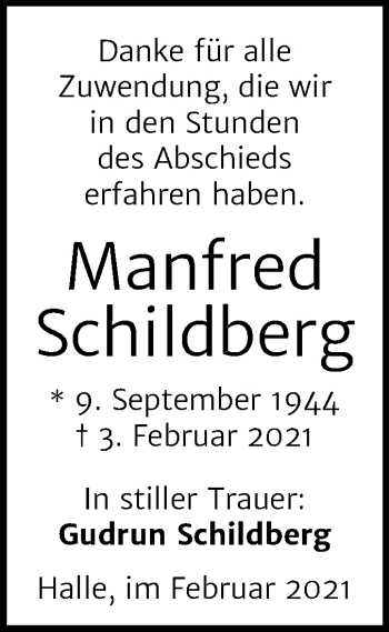 Traueranzeige von Manfred Schildberg von Mitteldeutsche Zeitung Halle/Saalkreis