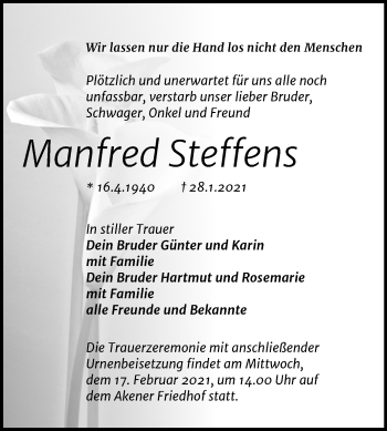Traueranzeige von Manfred Steffens von Super Sonntag Köthen