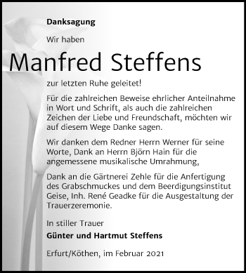 Traueranzeige von Manfred Steffens von Super Sonntag Köthen