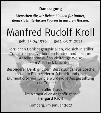 Traueranzeige von Manfred Rudolf Kroll von Mitteldeutsche Zeitung Wittenberg