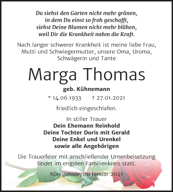 Traueranzeige von Marga Thomas von Mitteldeutsche Zeitung Quedlinburg