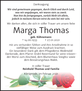 Traueranzeige von Marga Thomas von Mitteldeutsche Zeitung Quedlinburg