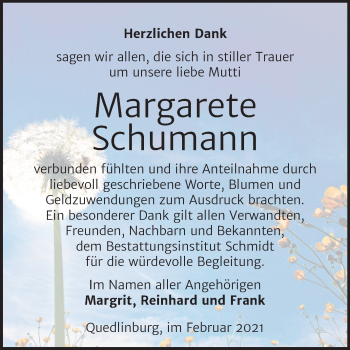 Traueranzeige von Margarete Schumann von Super Sonntag Quedlinburg