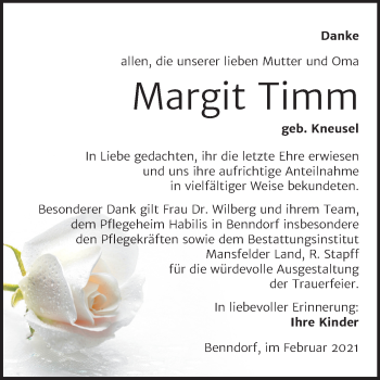 Traueranzeige von Margit Timm von Mitteldeutsche Zeitung Mansfelder Land