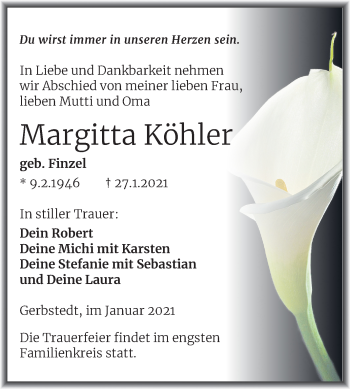 Traueranzeige von Margitta Köhler von Super Sonntag Mansfelder Land