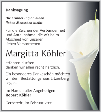 Traueranzeige von Margitta Köhler von Mitteldeutsche Zeitung Mansfelder Land