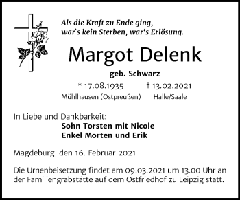 Traueranzeige von Margot Delenk von Mitteldeutsche Zeitung Halle/Saalkreis