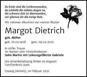 Traueranzeige von Margot Dietrich von Mitteldeutsche Zeitung Wittenberg