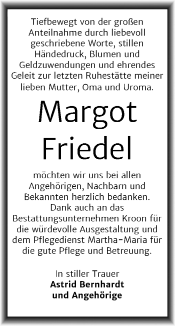Traueranzeige von Margot Friedel von Mitteldeutsche Zeitung Halle/Saalkreis