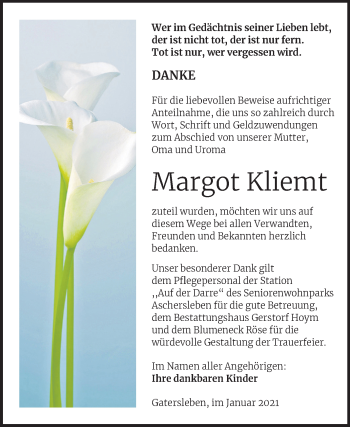 Traueranzeige von Margot Kliemt von Mitteldeutsche Zeitung Aschersleben
