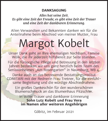 Traueranzeige von Margot Kobelt von Super Sonntag Zeitz