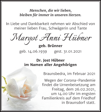 Traueranzeige von Margot Anni Hübner von Super Sonntag Merseburg/Querfurt