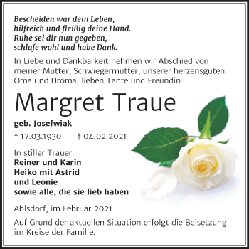 Traueranzeige von Margret Traue von Super Sonntag Mansfelder Land