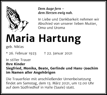 Traueranzeige von Maria Hartung von Mitteldeutsche Zeitung Halle/Saalkreis