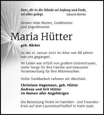 Traueranzeige von Maria Hütter von Mitteldeutsche Zeitung Halle/Saalkreis