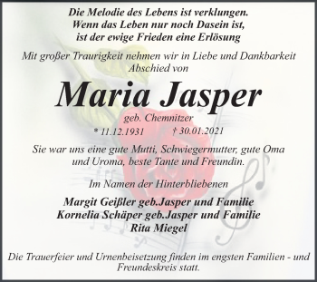 Traueranzeige von Maria Jasper von Mitteldeutsche Zeitung Dessau-Roßlau