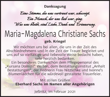 Traueranzeige von Maria-Magdalena Christiane Sachs von Mitteldeutsche Zeitung Bitterfeld