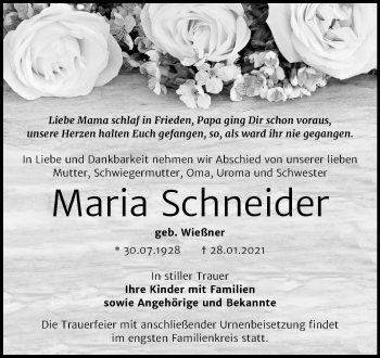 Traueranzeige von Maria Schneider von Mitteldeutsche Zeitung Bitterfeld