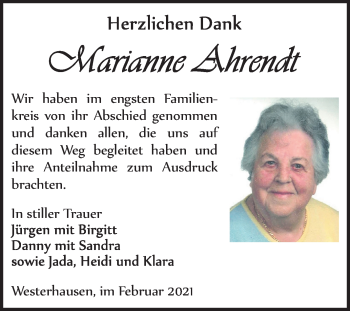 Traueranzeige von Marianne Ahrendt von Super Sonntag Quedlinburg