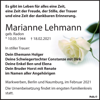 Traueranzeige von Marianne Lehmann von Super Sonntag Weißenfels